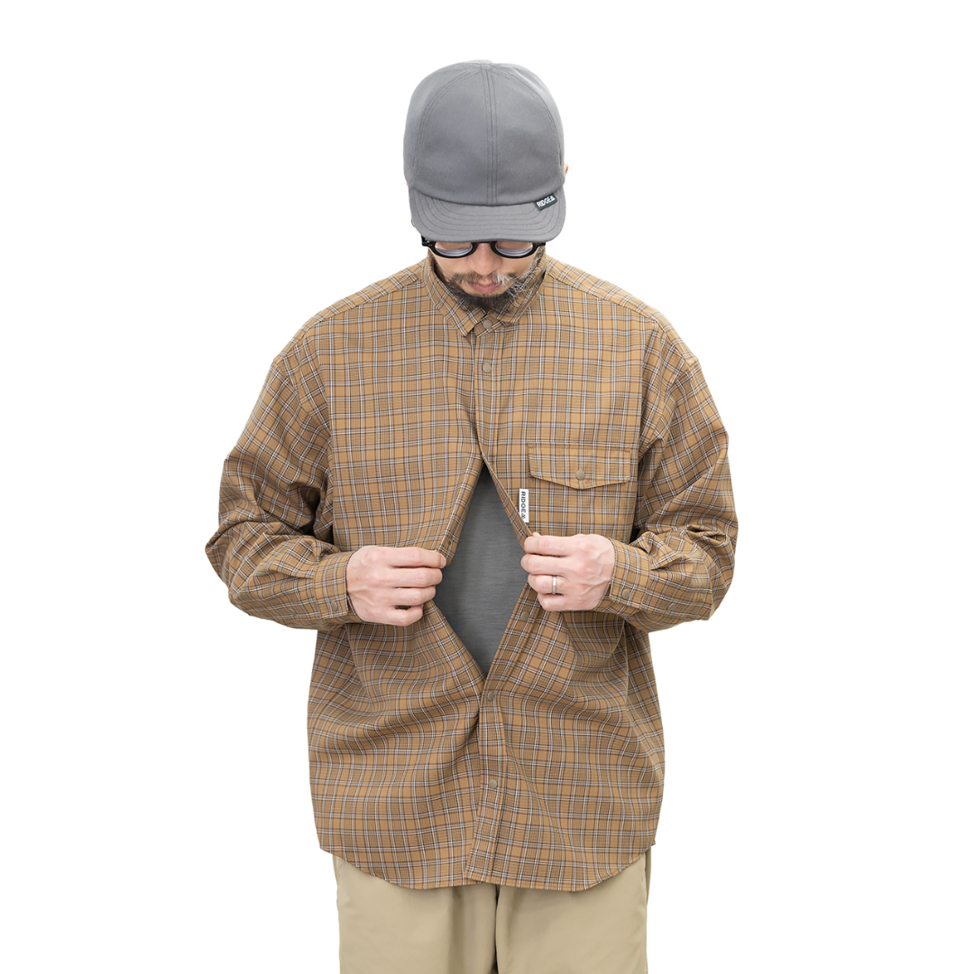 RIDGE Merino Basic Long Sleeve Shirts Mocha Plaid Men's