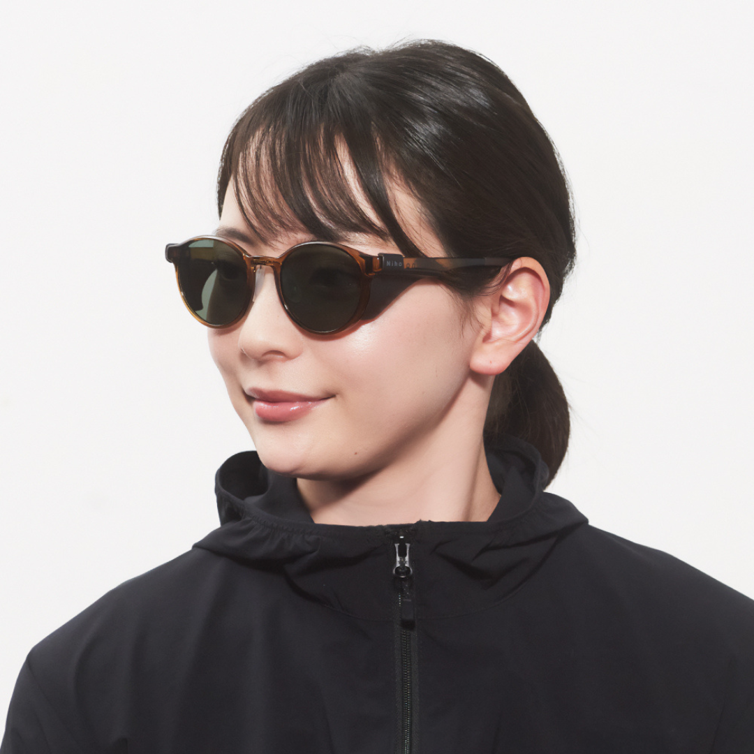 Niho NH-102 COL.4 / Round Polarized Sunglasses (Light Brown Frame with Green Lenses)